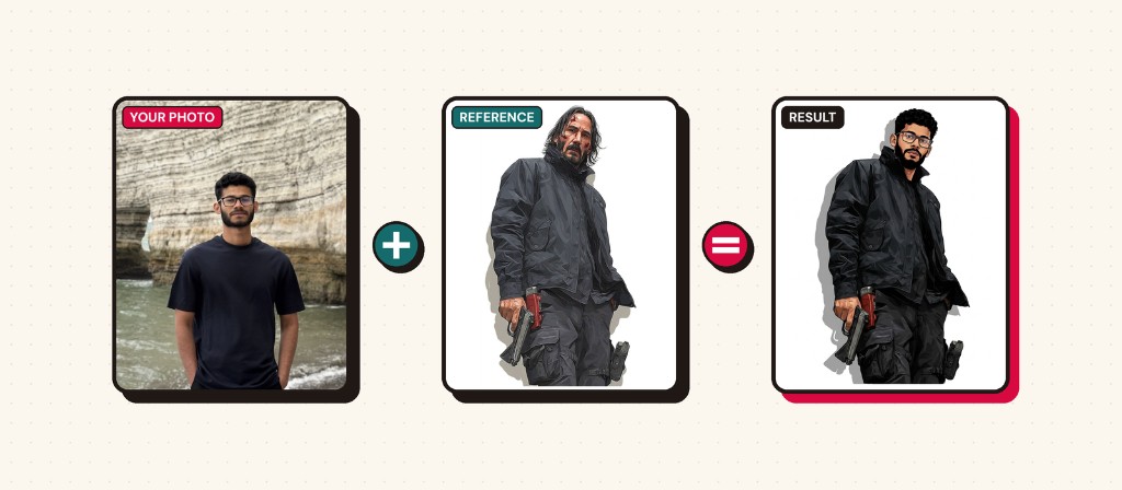 Style Match example: your photo plus a scene reference equals you in that scene and style